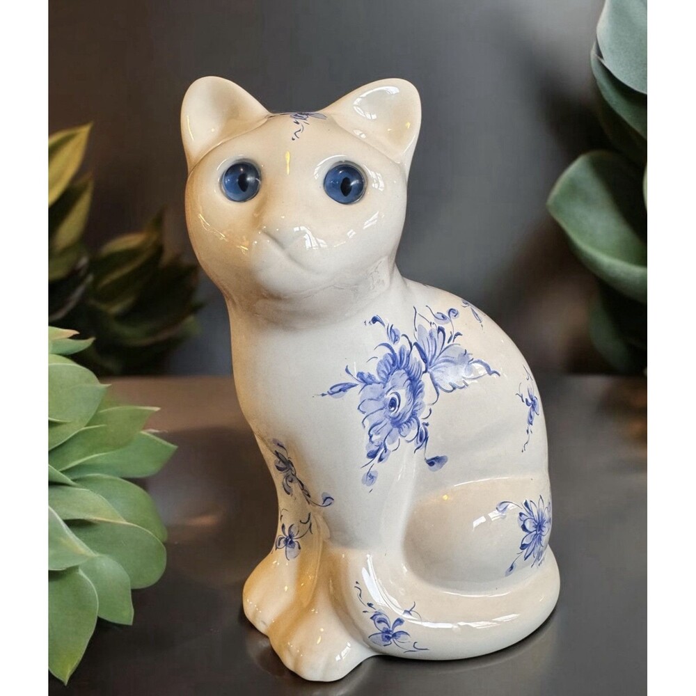 Ceramic Seated Cat Figurine Large 8.5”Floral Hand Painted Portugal Porcelain